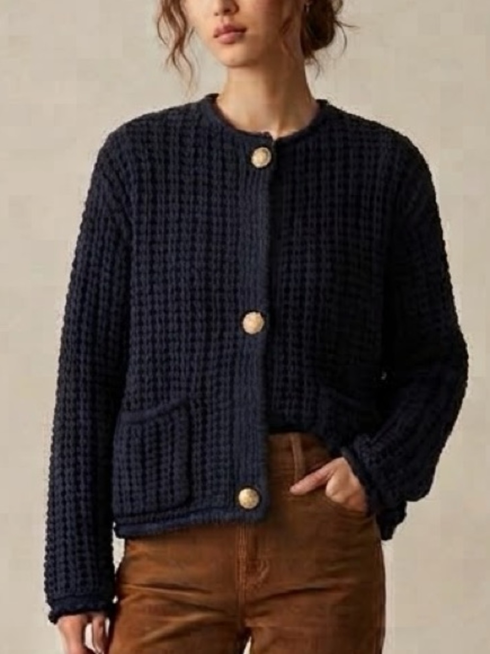 Zara Chunky Knit Navy Blue Cardigan Sweater Gold Buttons Size Large